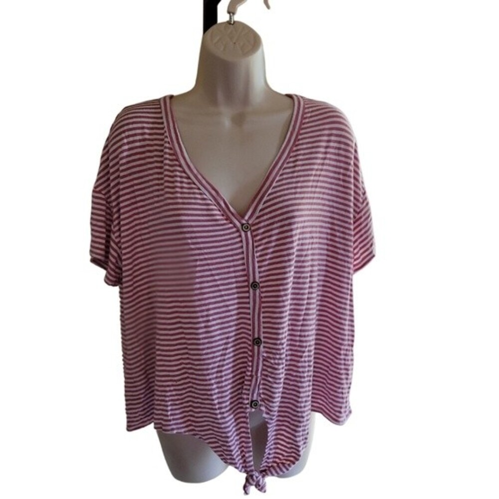 Liberty Love Pink/White Short Sleeve Striped V-Neck Blouse Size XL